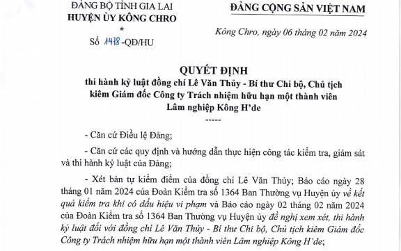 Quyết định kỷ luật ông Lê Văn Thủy. Ảnh: T.D Quyết định kỷ luật ông Lê Văn Thủy. Ảnh: T.D