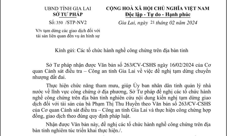 Sở Tư pháp đề nghị các tổ chức hành nghề công chứng trên địa bàn tỉnh tạm ngưng giao dịch đối với tài sản bà Phạm Thị Thu Huyền. Ảnh: T.D