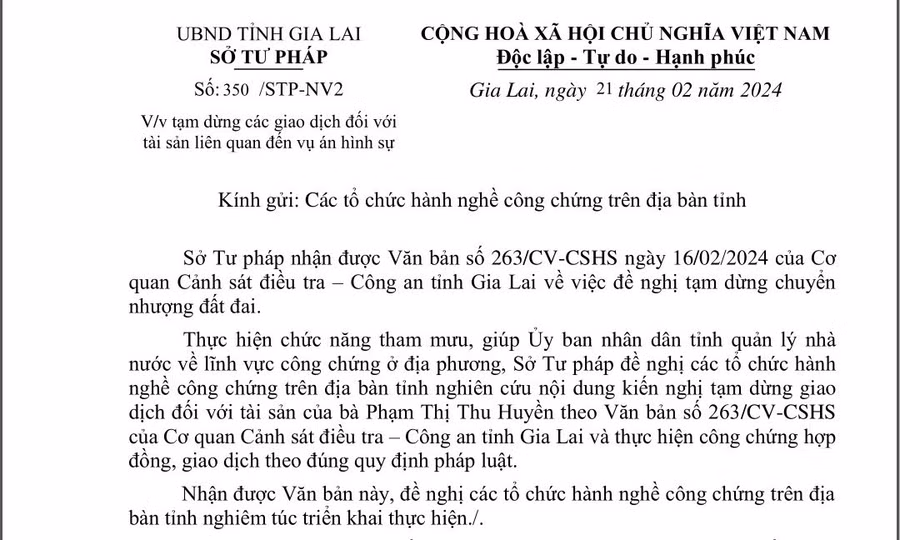 Sở Tư pháp đề nghị các tổ chức hành nghề công chứng trên địa bàn tỉnh tạm ngưng giao dịch đối với tài sản bà Phạm Thị Thu Huyền. Ảnh: T.D Sở Tư pháp đề nghị các tổ chức hành nghề công chứng trên địa bàn tỉnh tạm ngưng giao dịch đối với tài sản bà Phạm Thị Thu Huyền. Ảnh: T.D