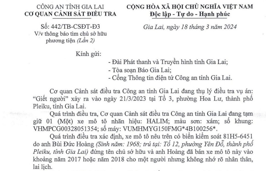 Cơ quan CSĐT Công an tỉnh Gia Lai thông báo tìm chủ sở hữu phương tiện liên quan đến vụ án giết người. Ảnh: T.D Cơ quan CSĐT Công an tỉnh Gia Lai thông báo tìm chủ sở hữu phương tiện liên quan đến vụ án giết người. Ảnh: T.D