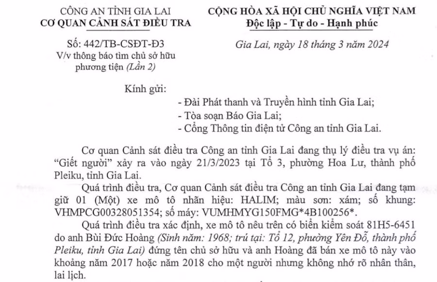 Cơ quan CSĐT Công an tỉnh Gia Lai thông báo tìm chủ sở hữu phương tiện liên quan đến vụ án giết người. Ảnh: T.D
