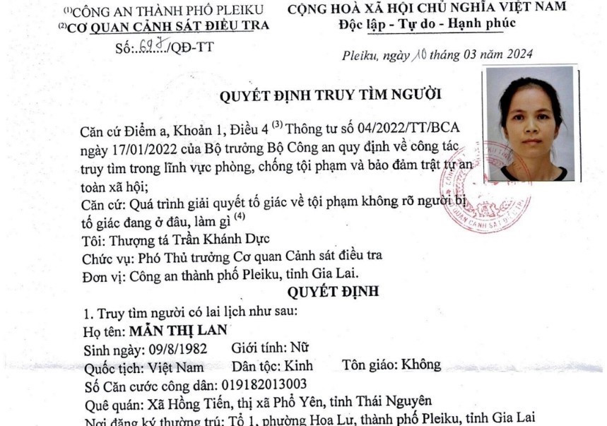 Quyết định truy tìm người bị tố giác tội phạm của Cơ quan CSĐT Công an TP. Pleiku. Ảnh: T.D