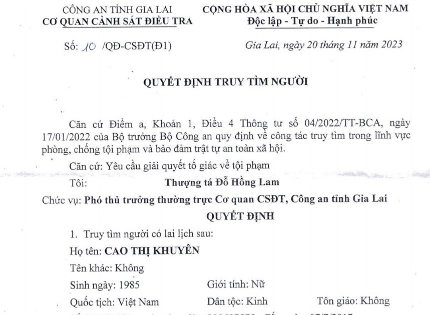 Cơ quan CSĐT Công an tỉnh truy tìm Cao Thị Khuyên. Ảnh: T.D Cơ quan CSĐT Công an tỉnh truy tìm Cao Thị Khuyên. Ảnh: T.D