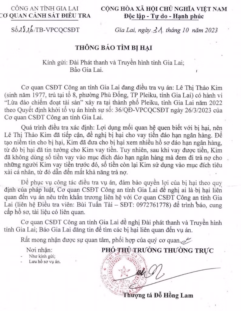 Thông báo tìm người bị hại của cơ quan Cảnh sát điều tra Công an tỉnh Gia Lai. Ảnh: N.T