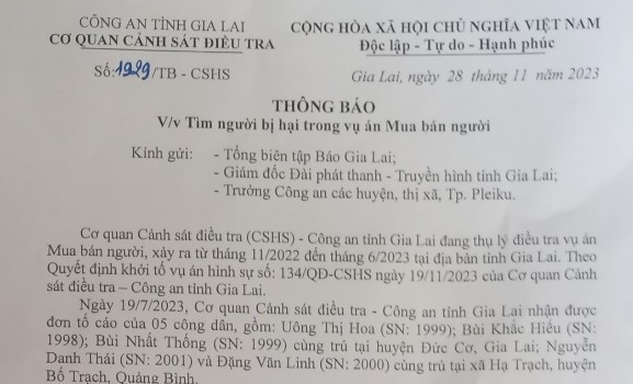 Thông báo của cơ quan CSĐT Công an tỉnh tìm người bị hại. Ảnh: T.D Thông báo của cơ quan CSĐT Công an tỉnh tìm người bị hại. Ảnh: T.D