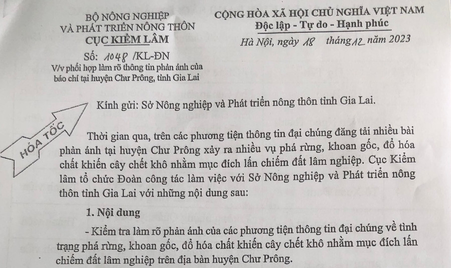 Công văn của Cục Kiểm lâm gửi Sở Nông nghiệp và PTNT tỉnh Gia Lai. Ảnh: T.D