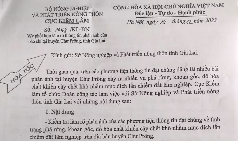 Công văn của Cục Kiểm lâm gửi Sở Nông nghiệp và PTNT tỉnh Gia Lai. Ảnh: T.D Công văn của Cục Kiểm lâm gửi Sở Nông nghiệp và PTNT tỉnh Gia Lai. Ảnh: T.D