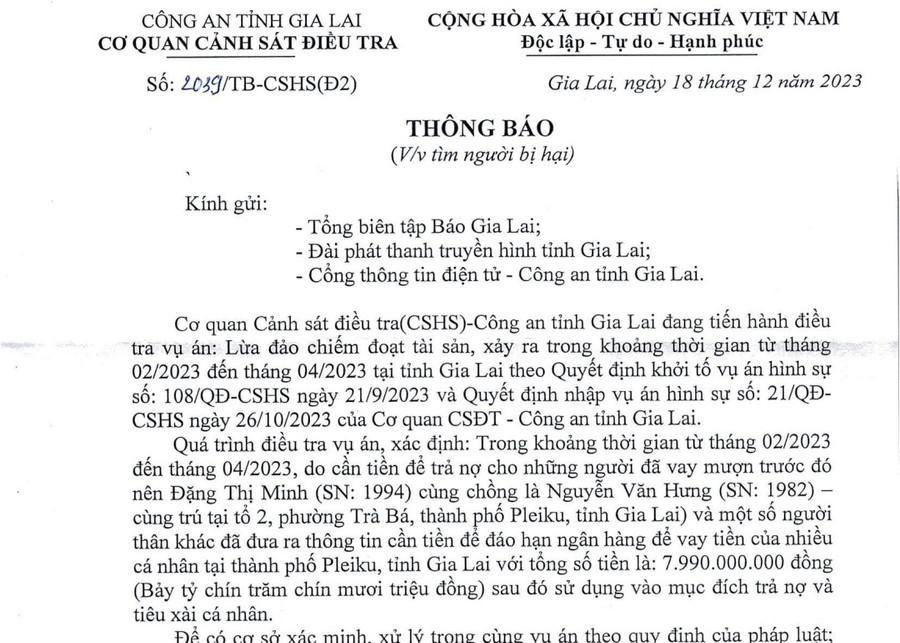 Thông báo tìm bị hại của Cơ quan Cảnh sát Điều tra Công an tỉnh. Ảnh: T.D