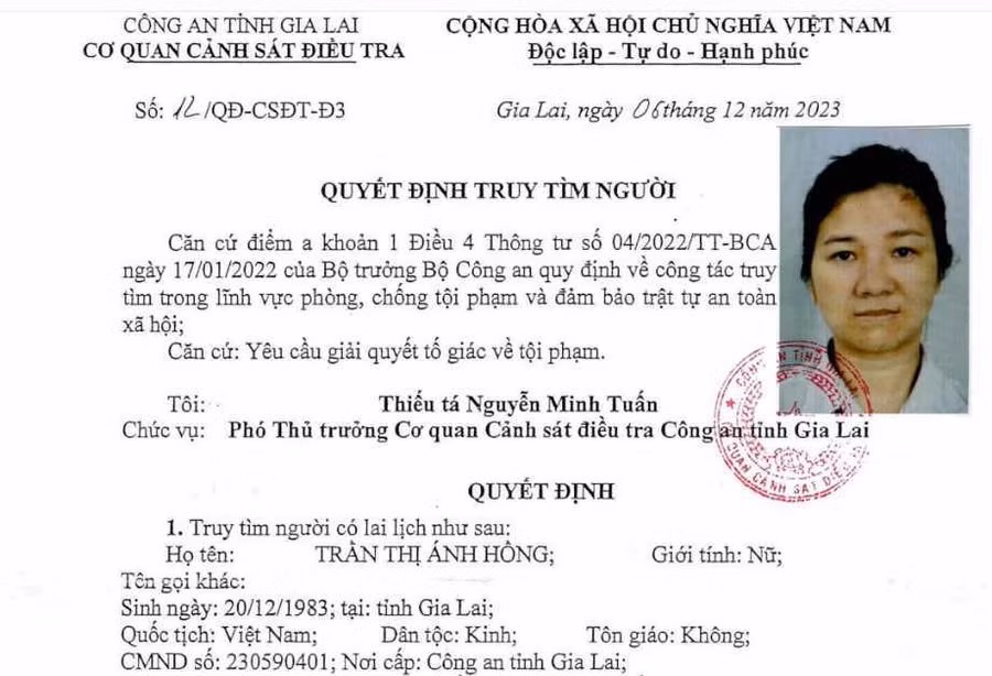 Cơ quan Cảnh sát Điều tra Công an tỉnh Gia Lai truy tìm Trần Thị Ánh Hồng. Ảnh: T.D
