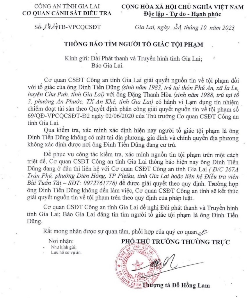 Thông báo tìm người tố giác tội phạm của Cơ quan Cảnh sát điều tra Công an tỉnh Gia Lai. Ảnh: T.D Thông báo tìm người tố giác tội phạm của Cơ quan Cảnh sát điều tra Công an tỉnh Gia Lai. Ảnh: T.D
