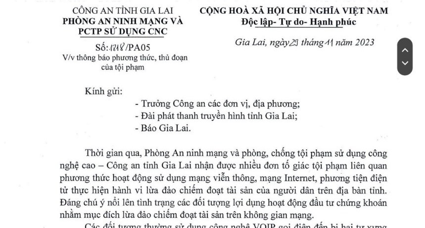 Thông báo của Phòng An ninh mạng và phòng-chống tội phạm sử dụng công nghệ cao Công an tỉnh Gia Lai. Ảnh: T.D