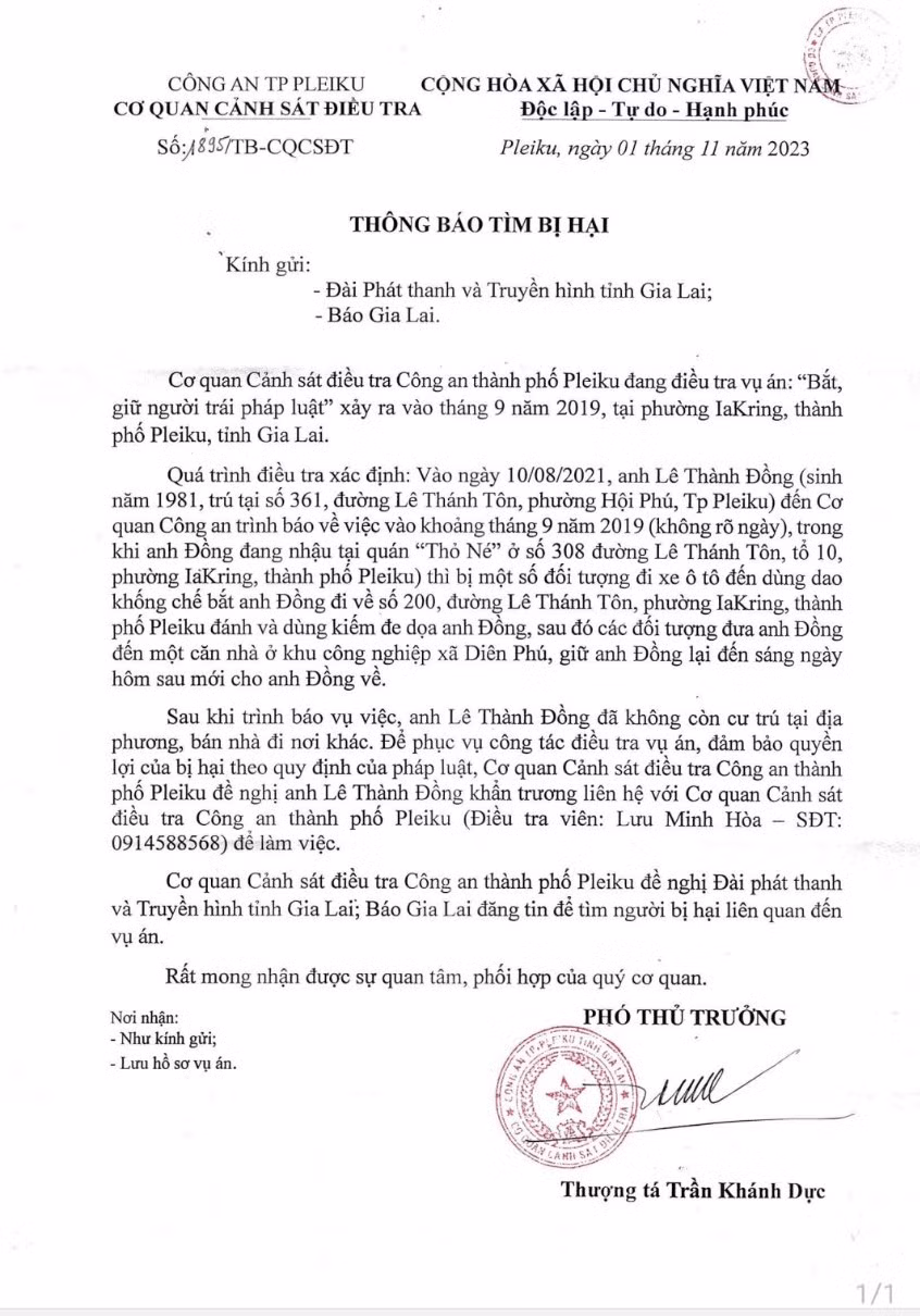 Thông báo tìm bị hại của Cơ quan Cảnh sát điều tra Công an TP. Pleiku. Ảnh: T.D Thông báo tìm bị hại của Cơ quan Cảnh sát điều tra Công an TP. Pleiku. Ảnh: T.D