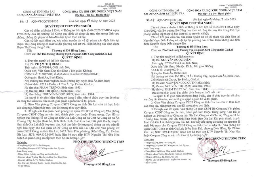 Quyết định truy tìm người của Cơ quan Cảnh sát Điều tra Công an tỉnh Gia Lai. Ảnh: T.D