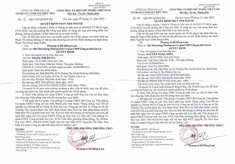 Quyết định truy tìm người của Cơ quan Cảnh sát Điều tra Công an tỉnh Gia Lai. Ảnh: T.D