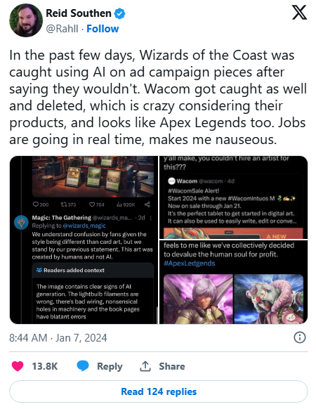 Họa sĩ Reid Southen lên tiếng bức xúc trước các hành động sử dụng AI trắng trợn của Wacom và một số tựa game máy tính. (Nguồn: X)