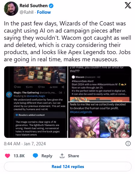 Họa sĩ Reid Southen lên tiếng bức xúc trước các hành động sử dụng AI trắng trợn của Wacom và một số tựa game máy tính. (Nguồn: X)