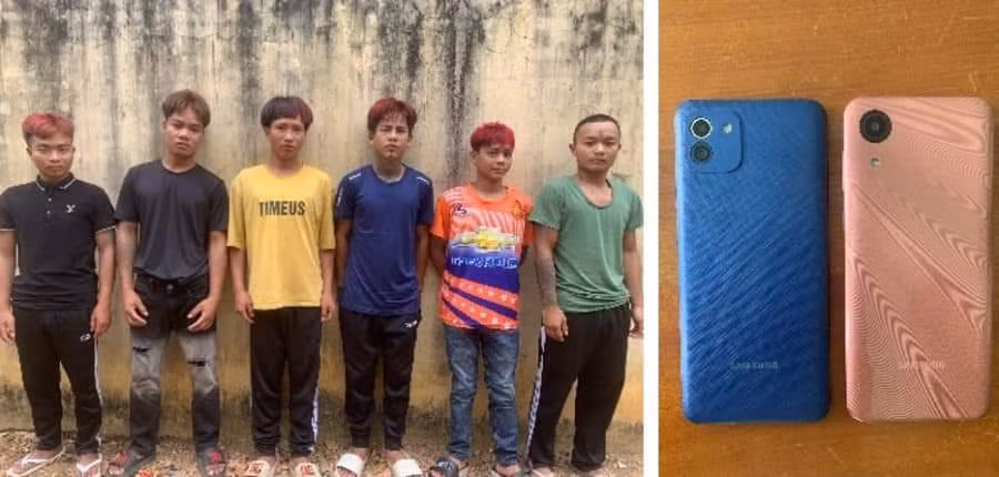 Các đối tượng và tang vật tại cơ quan điều tra. Ảnh: Công an cung cấp.