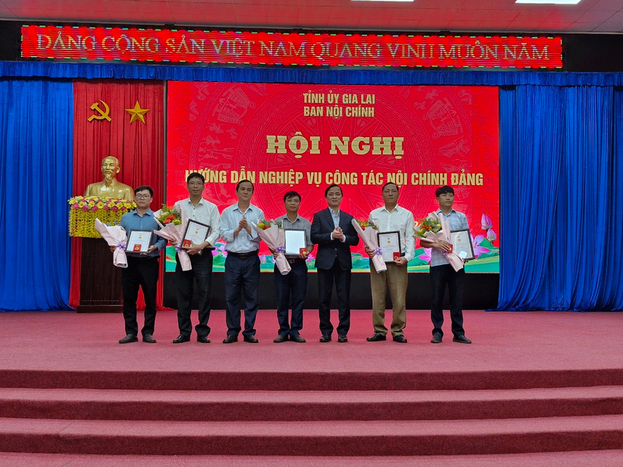 Trao kỷ niệm chương &quot;Vì sự nghiệp nội chính Đảng&quot; cho các đại biểu có thành tích xuất sắc. Ảnh: Vĩnh Hoàng