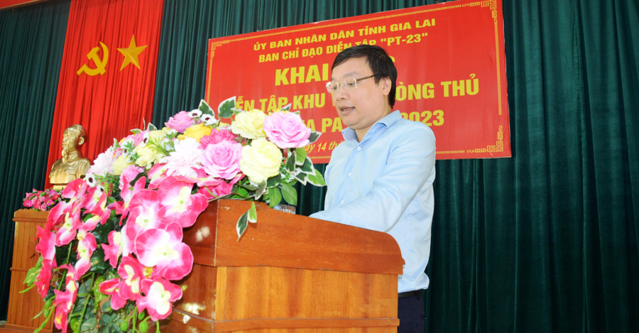 Chủ tịch UBND tỉnh Trương Hải Long phát biểu tại diễn tập. Ảnh: Vĩnh Hoàng