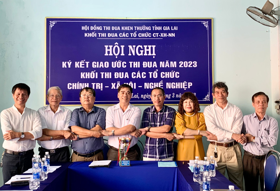 8 đơn vị trong Khối thi đua các tổ chức Chính trị-Xã hội-Nghề nghiệp Gia Lai ký kết giao ước thi đua năm 2023 và phát động thi đua năm 2023. Ảnh: Như Nguyện