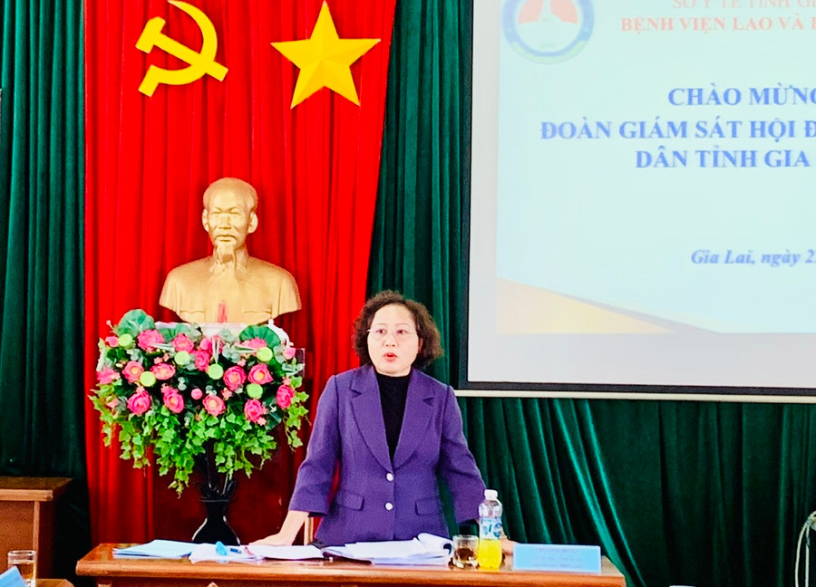 Bà Ayun H’Bút-Tỉnh ủy viên, Phó Chủ tịch HĐND tỉnh, Trưởng đoàn giám sát phát biểu tại buổi giám sát. Ảnh: Như Nguyện
