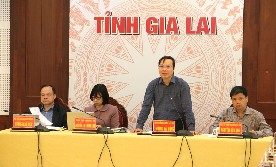 Phó Bí thư Tỉnh ủy, Chủ tịch UBND tỉnh Trương Hải Long phát biểu tại hội nghị. Ảnh: Quang Tấn Phó Bí thư Tỉnh ủy, Chủ tịch UBND tỉnh Trương Hải Long phát biểu tại hội nghị. Ảnh: Quang Tấn