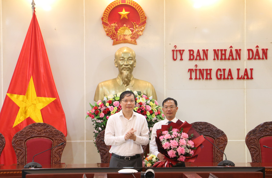 Chủ tịch UBND tỉnh Trương Hải Long trao quyết định và tặng hoa chúc mừng ông Trần Đình Triết. Ảnh: Quang Tấn