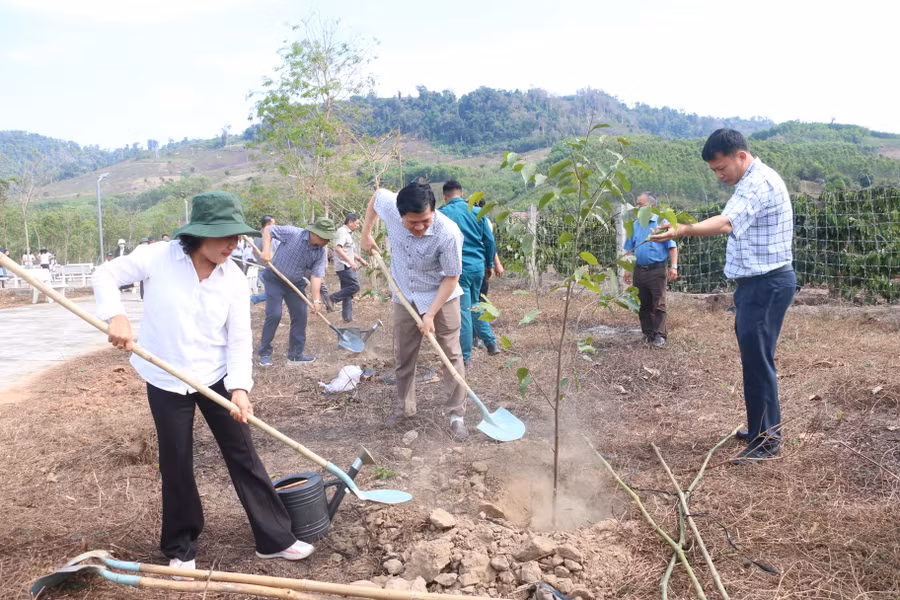 Các đồng chí trong Thường trực HĐND và UBND tỉnh trồng cây lưu niệm tại Nhà Bia di tích. Ảnh: Quang Tấn