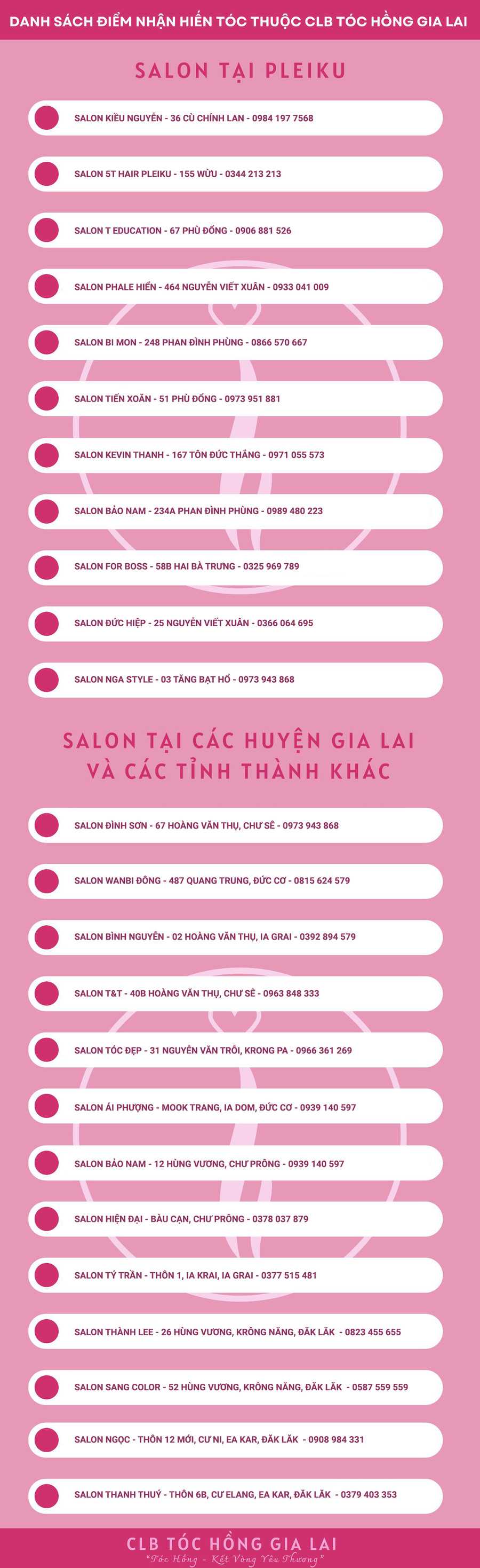 Thông tin chi tiết những salon thành viên thuộc Câu lạc bộ Tóc Hồng Gia Lai. Ảnh: ĐVCC Thông tin chi tiết những salon thành viên thuộc Câu lạc bộ Tóc Hồng Gia Lai. Ảnh: ĐVCC