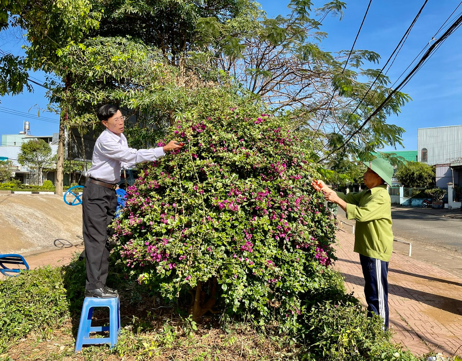 Ông Nguyễn Ngọc Anh-Phó Bí thư Chi bộ (bên trái) và người dân cắt tỉa hoa tại công viên trước Tết. Ảnh: Nhật Hào Ông Nguyễn Ngọc Anh-Phó Bí thư Chi bộ (bên trái) và người dân cắt tỉa hoa tại công viên trước Tết. Ảnh: Nhật Hào