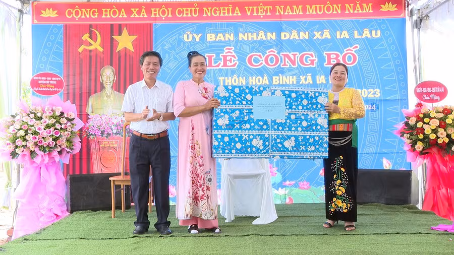 Dịp này, cá nhân Chủ tịch UBND huyện Vũ Đình Hạnh đã tặng tập thể cán bộ và Nhân dân thôn Hòa Bình 1 chiếc ti vi nhằm phục vụ cho việc tuyên truyền, hội họp. Ảnh: Nhật Hào