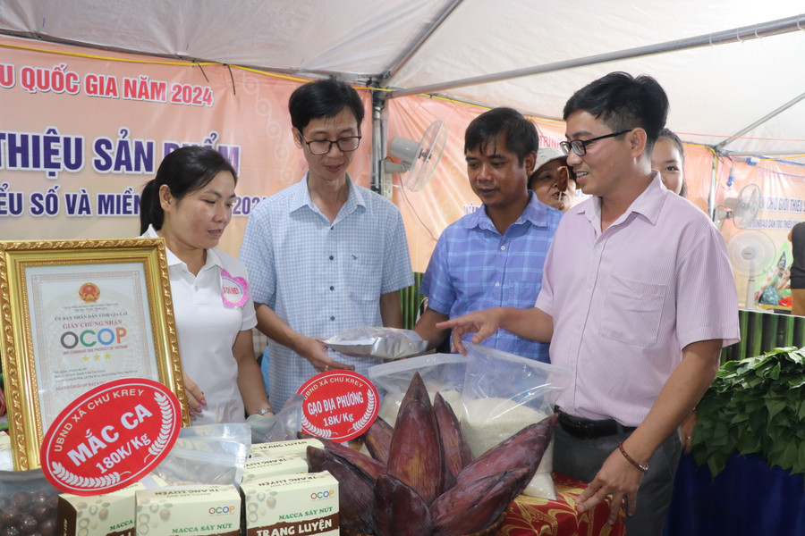 Đại diện Ban tổ chức phiên chợ giới thiệu sản phẩm vùng đồng bào dân tộc thiểu số và miền núi tại huyện Kông Chro tham quan gian hàng. Ảnh: Ngọc Minh Đại diện Ban tổ chức phiên chợ giới thiệu sản phẩm vùng đồng bào dân tộc thiểu số và miền núi tại huyện Kông Chro tham quan gian hàng. Ảnh: Ngọc Minh