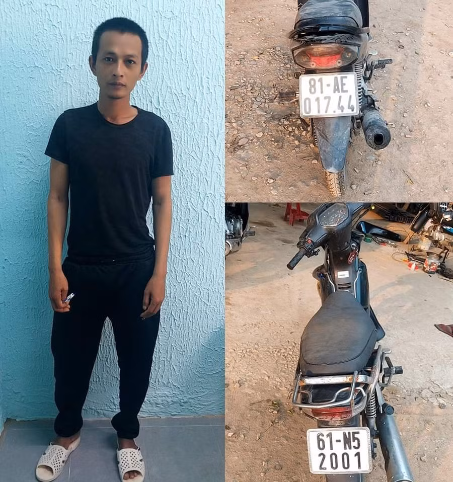 Đối tượng Nguyễn Đức Hậu cùng 2 chiếc xe máy tang vật trộm cắp. Ảnh: Công an thị xã An Khê