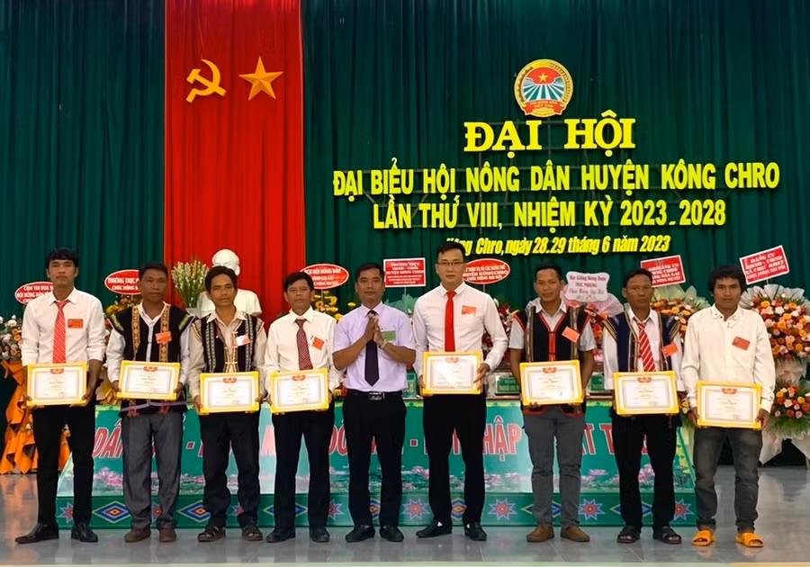 UBND huyện Kông Chro tặng giấy khen các tập thể đã có thành tích xuất sắc trong công tác Hội và phong trào nông dân nhiệm kỳ 2018-2023. Ảnh: Ngọc Minh
