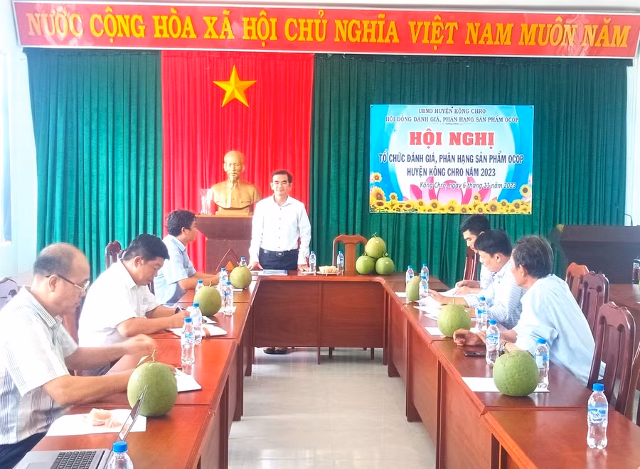Quang cảnh hội nghị đánh giá, phân hạng sản phẩm OCOP huyện Kông Chro năm 2023. Ảnh: Ngô Chiến