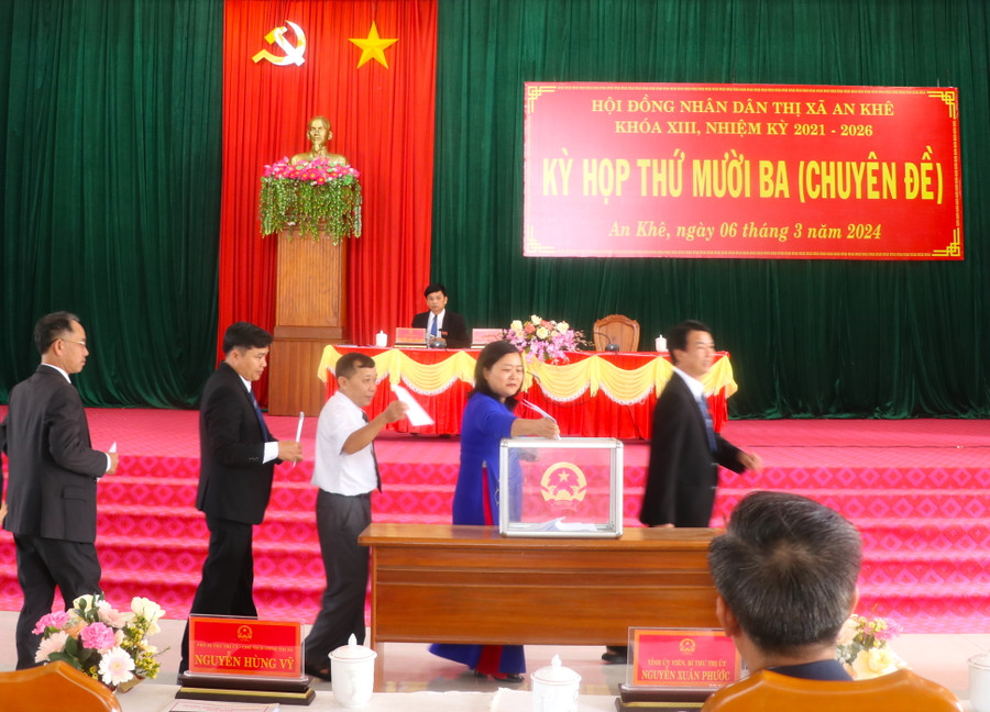 Các đại biểu dự kỳ họp bầu bổ sung Chủ tịch HĐND thị xã, Chủ tịch UBND thị xã An Khê khóa XIII, nhiệm kỳ 2021-2026. Ảnh: Ngọc Minh Các đại biểu dự kỳ họp bầu bổ sung Chủ tịch HĐND thị xã, Chủ tịch UBND thị xã An Khê khóa XIII, nhiệm kỳ 2021-2026. Ảnh: Ngọc Minh