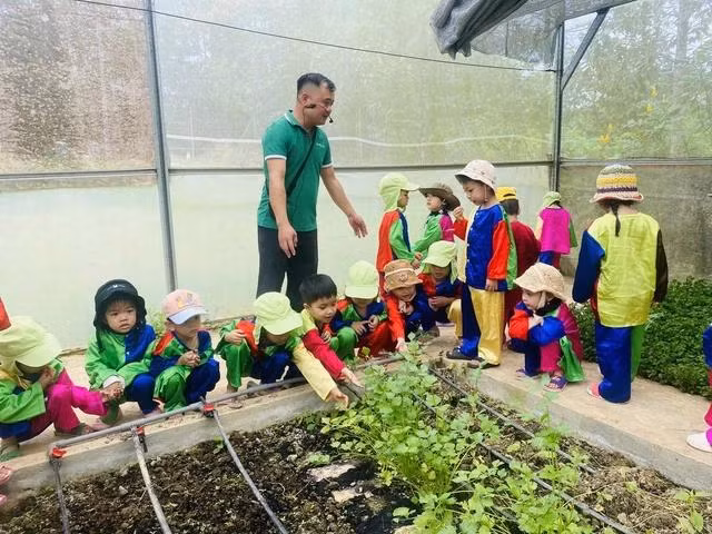 Trẻ em thích thú trải nghiệm vườn rau, khám phá thế giới cùng thầy giáo. ẢNH: NHÀ TRƯỜNG CUNG CẤP
