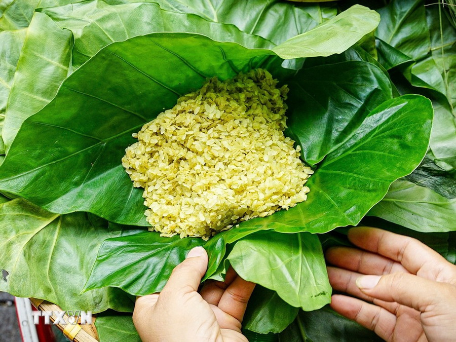 Cốm làng Vòng với những hạt cốm xanh mỏng, dẻo thơm đặc trưng cho ẩm thực mùa Thu Hà Nội. (Ảnh: Khánh Hòa/TTXVN) Cốm làng Vòng với những hạt cốm xanh mỏng, dẻo thơm đặc trưng cho ẩm thực mùa Thu Hà Nội. (Ảnh: Khánh Hòa/TTXVN)
