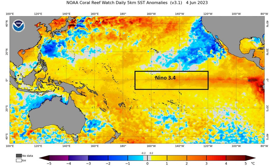 Vùng Nino 3.4 ở Thái Bình Dương. Ảnh: NOAA Vùng Nino 3.4 ở Thái Bình Dương. Ảnh: NOAA