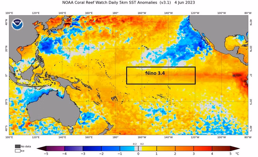 Vùng Nino 3.4 ở Thái Bình Dương. Ảnh: NOAA Vùng Nino 3.4 ở Thái Bình Dương. Ảnh: NOAA