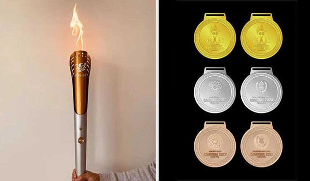 Ngọn đuốc và bộ huy chương SEA Games 32 - Ảnh: khmertimeskh.com Ngọn đuốc và bộ huy chương SEA Games 32 - Ảnh: khmertimeskh.com