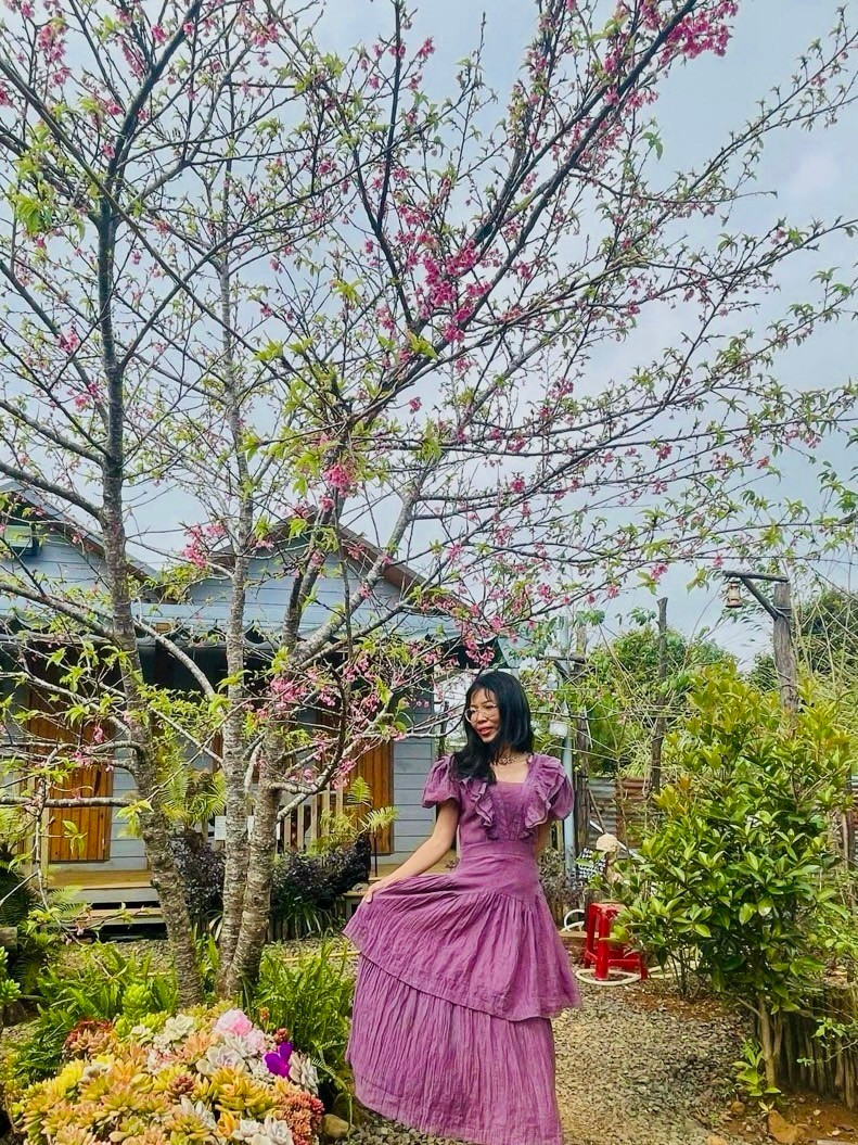 Chị Huỳnh My thả dáng bên cây đào Nhật trước cửa nhà. Chị Huỳnh My thả dáng bên cây đào Nhật trước cửa nhà.