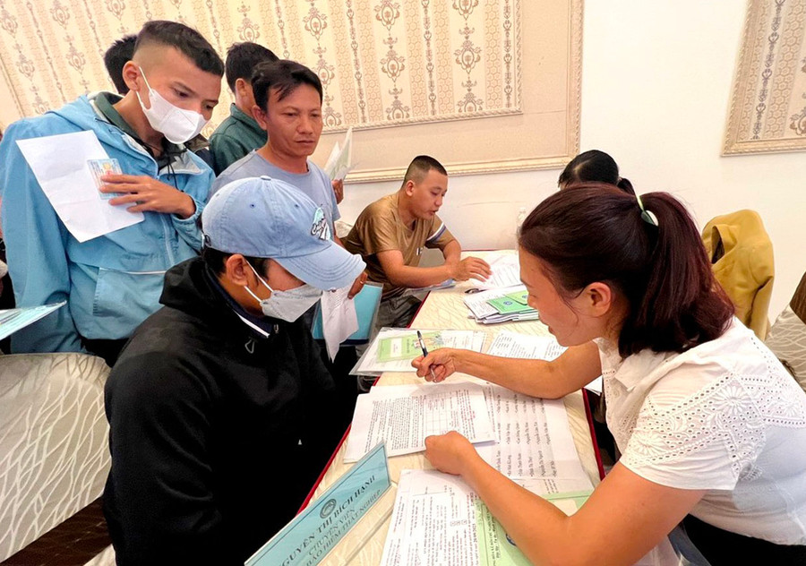 Nhân viên Trung tâm Dịch vụ việc làm tỉnh tư vấn, giới thiệu việc làm mới cho lao động đang hưởng trợ cấp thất nghiệp. Ảnh: Đ.Y