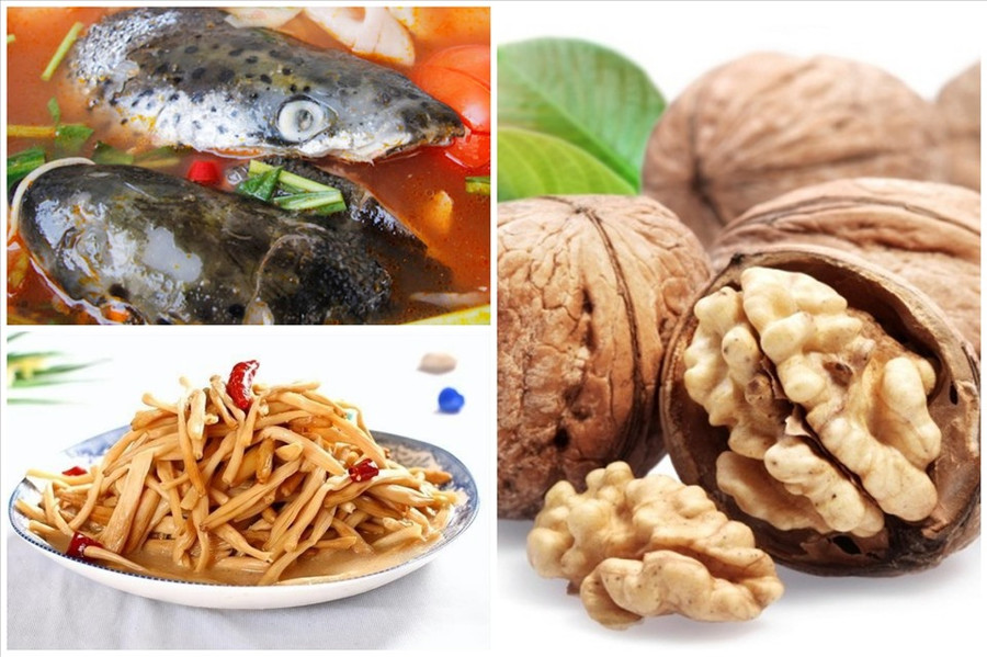 Đầu cá hầm, hoa hòe xào, quả óc chó là những món ăn giúp bổ não, cải thiện trí nhớ tốt. Ảnh đồ họa: Tuệ Nhi