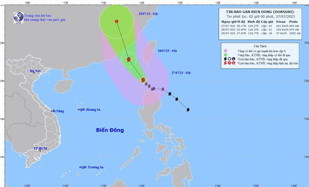 Hướng đi của bão Doksuri. (Nguồn: Trung tâm Dự báo Khí tượng Thủy văn Trung ương) Hướng đi của bão Doksuri. (Nguồn: Trung tâm Dự báo Khí tượng Thủy văn Trung ương)