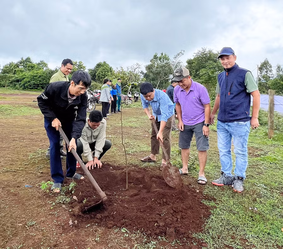 Phó Chủ tịch UBND tỉnh Nguyễn Hữu Quế (thứ 3 từ phải sang) cùng cán bộ, công chức xã Ia Hrung trồng 200 cây sao xanh tại Nhà văn hóa làng Ngai Ngó và làng Blo Dung (xã Ia Hrung, huyện Ia Grai). Ảnh: Phương Lộc