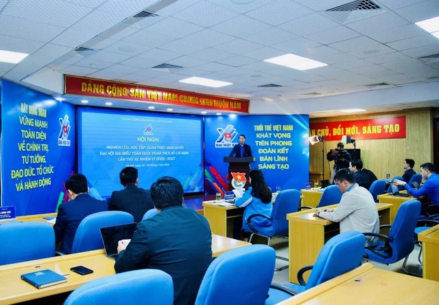 Hội nghị học tập quán triệt Nghị quyết Đại hội Đoàn toàn quốc lần thứ XII được tổ chức trực tiếp và trực tuyến. Ảnh: BẢO ANH Hội nghị học tập quán triệt Nghị quyết Đại hội Đoàn toàn quốc lần thứ XII được tổ chức trực tiếp và trực tuyến. Ảnh: BẢO ANH