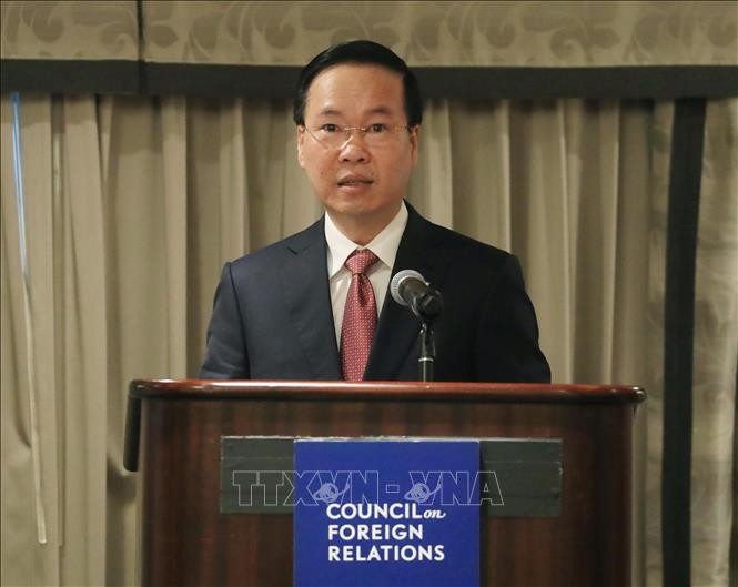 Chủ tịch nước Võ Văn Thưởng phát biểu tại Hội đồng Quan hệ đối ngoại Hoa Kỳ. Ảnh: Thống Nhất/TTXVN