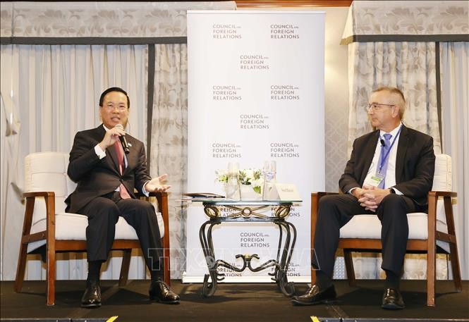 Chủ tịch nước Võ Văn Thưởng trao đổi chính sách tại Hội đồng Quan hệ đối ngoại Hoa Kỳ. Ảnh: Thống Nhất/TTXVN