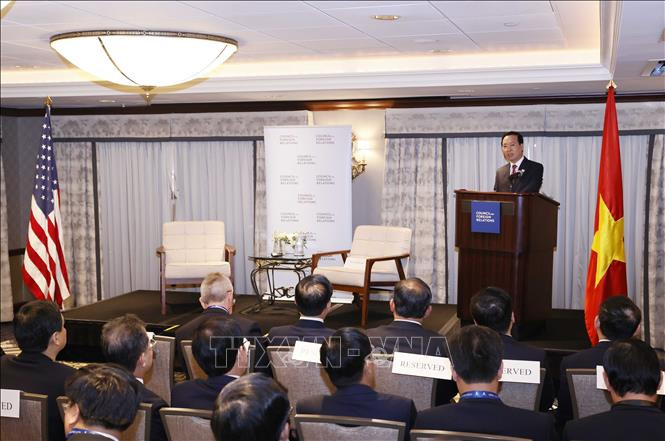 Chủ tịch nước Võ Văn Thưởng phát biểu tại Hội đồng Quan hệ đối ngoại Hoa Kỳ. Ảnh: Thống Nhất/TTXVN